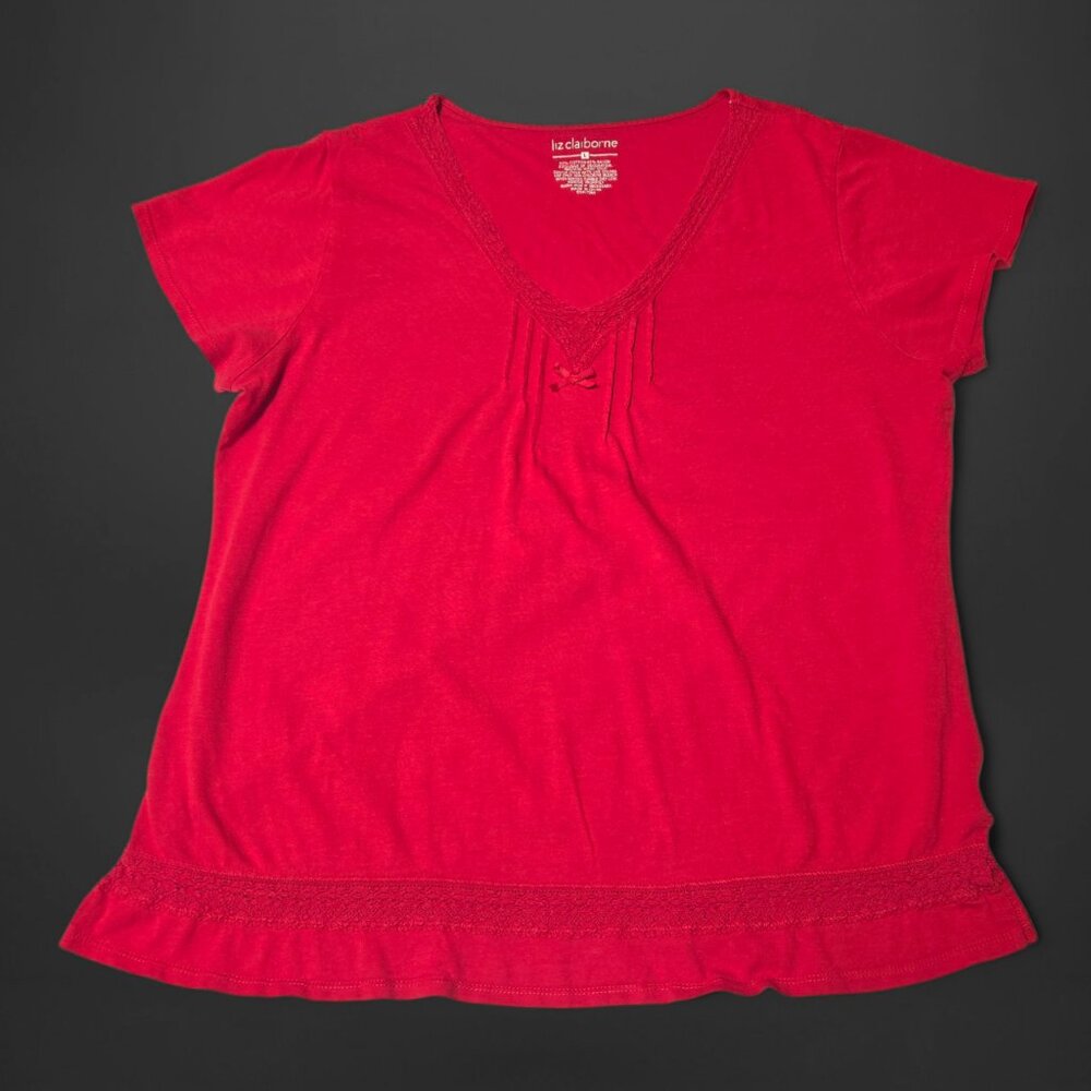 Liz Claiborne Red Bow Lace Pleated Tee